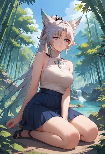 star rail,feixiao,turtleneck,knit,maxi skirt  - AI generated anime art