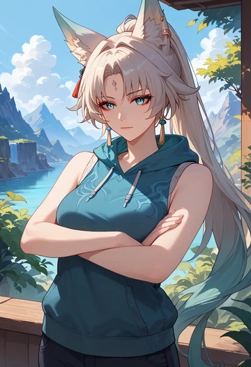 star rail,feixiao,sleeveless hoodie,biker shorts  - AI generated anime art