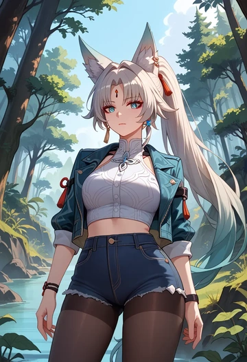 star rail,feixiao,denim jacket,cropped,leather leggings  - AI generated anime art