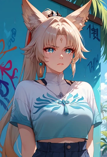 star rail,feixiao,cropped graffiti sweatshirt,dolphin shorts  - AI generated anime art