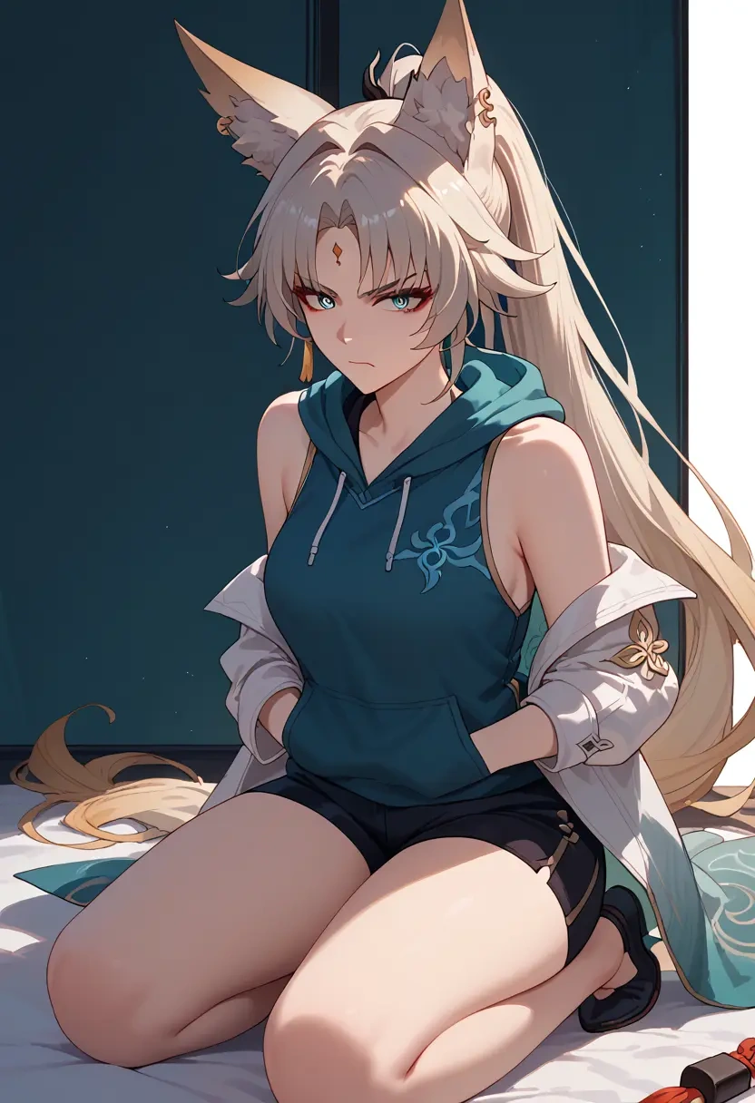 star rail,feixiao,sleeveless hoodie,biker shorts  - 