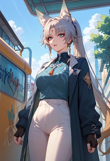 star rail,feixiao,patchwork graffiti top,dolphin shorts  - AI generated anime art