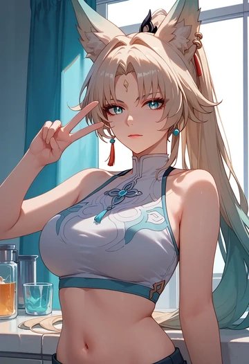 star rail,feixiao,crop top,loose joggers,headset  - AI generated anime art