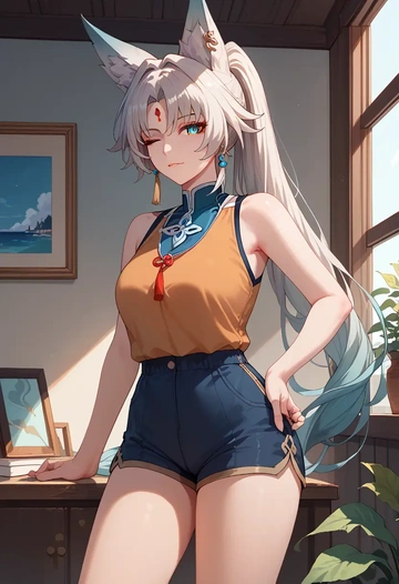 star rail,feixiao,sleeveless swim top,shorts-style bottom,contrast stitching  - AI generated anime art