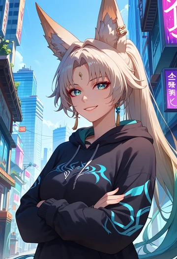 star rail,feixiao,oversized graphic hoodie,thigh-high socks,shorts  - AI generated anime art