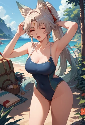 star rail,feixiao,retro style swimsuit,frilled neckline,bow detail  - AI generated anime art