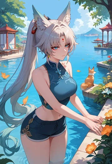 star rail,feixiao,sleeveless swim top,shorts-style bottom,contrast stitching  - AI generated anime art