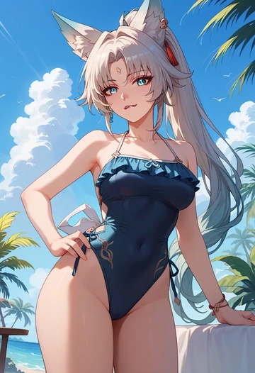 star rail,feixiao,retro style swimsuit,frilled neckline,bow detail  - AI generated anime art