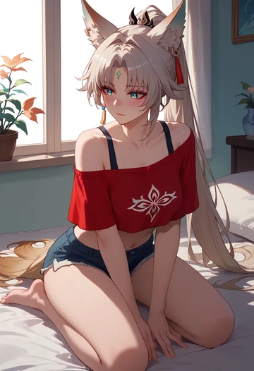 star rail,feixiao,off-shoulder top,dolphin shorts  - AI generated anime art