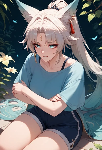 star rail,feixiao,graphic tee,shorts,sneakers  - AI generated anime art