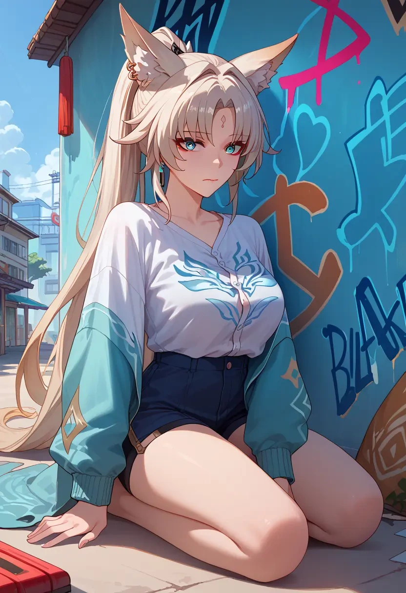 star rail,feixiao,oversized graffiti shirt,dolphin shorts  - 