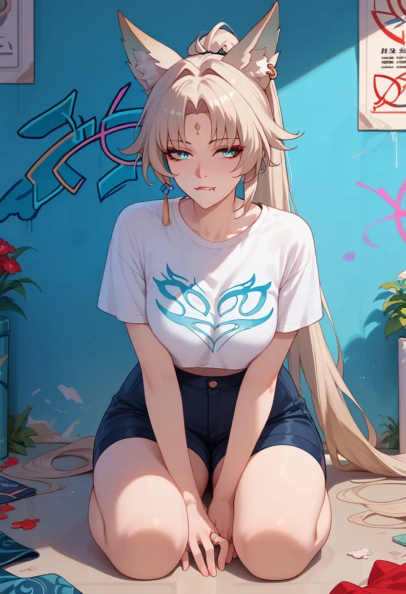 star rail,feixiao,crop graffiti tee,dolphin shorts  - 