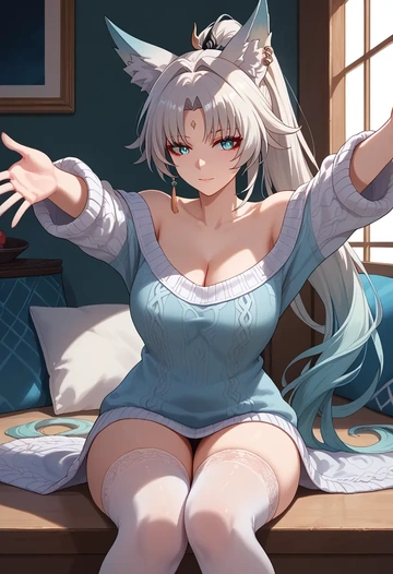 star rail,feixiao,cross-legged,off-shoulder,sweater,stockings  - AI generated anime art