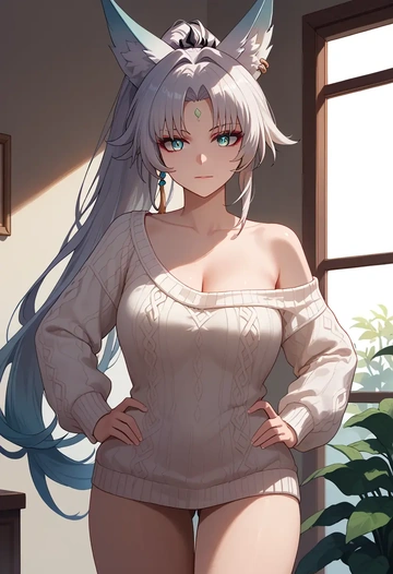 star rail,feixiao,Hands on hips,off-shoulder,sweater  - AI generated anime art