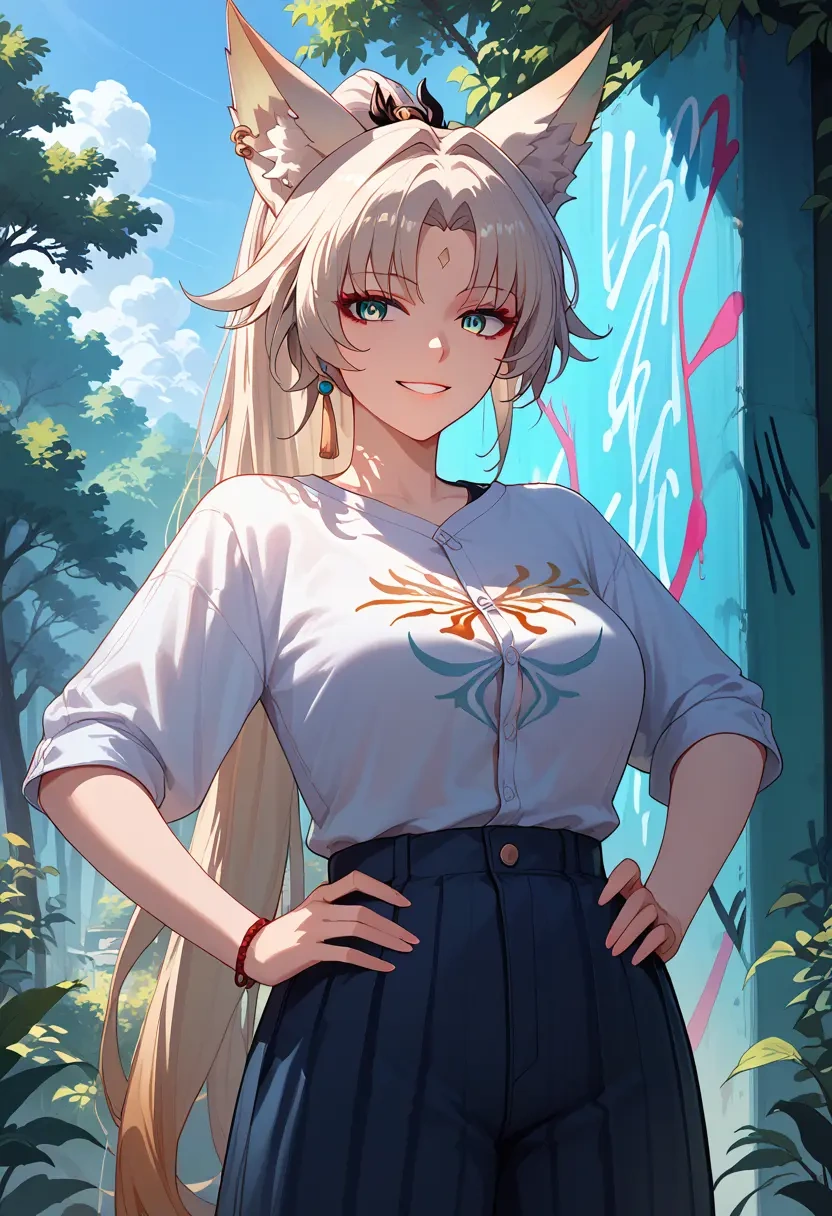 star rail,feixiao,oversized graffiti shirt,dolphin shorts  - 