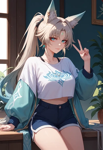 star rail,feixiao,graphic tee,shorts,sneakers  - AI generated anime art