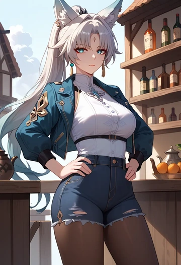 star rail,feixiao,denim jacket,cropped,leather leggings  - AI generated anime art