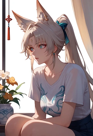 star rail,feixiao,calligraphy print shirt,dolphin shorts  - AI generated anime art