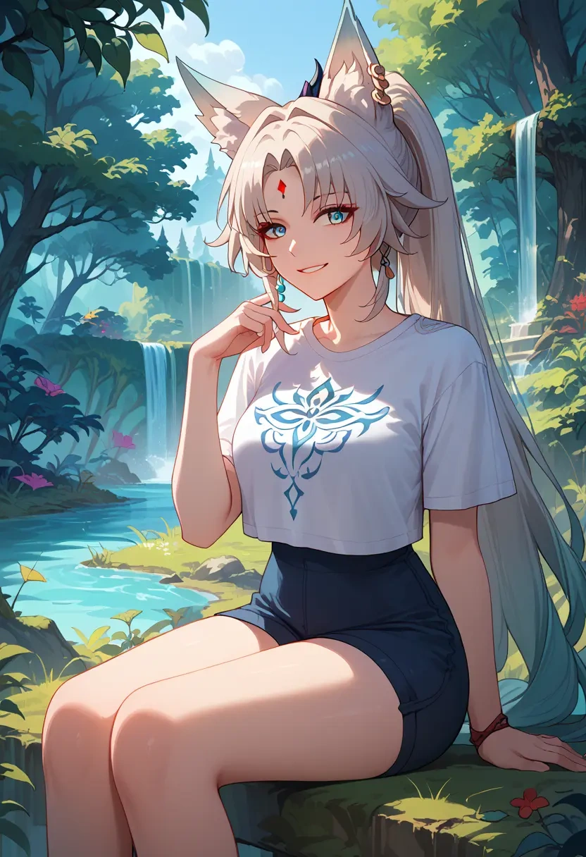 star rail,feixiao,crop graffiti tee,dolphin shorts  - 