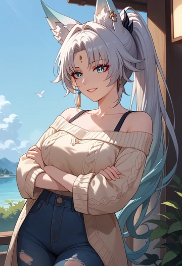 star rail,feixiao,sweater,off-shoulder,ripped jeans  - AI generated anime art