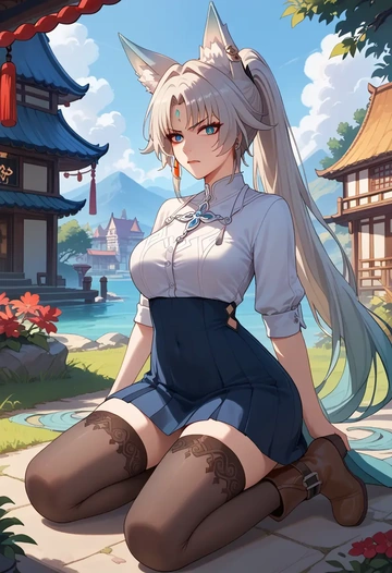 star rail,feixiao,shirt dress,belted,stockings  - AI generated anime art