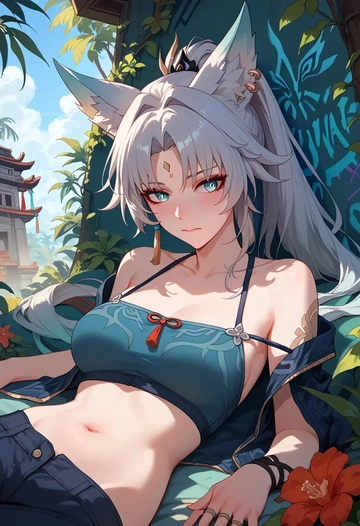 star rail,feixiao,patchwork graffiti top,dolphin shorts  - AI generated anime art