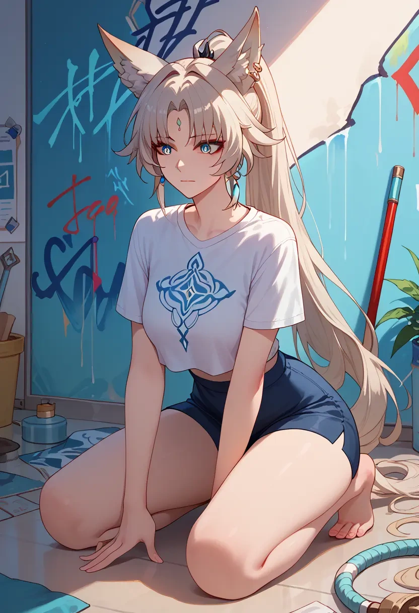 star rail,feixiao,crop graffiti tee,dolphin shorts  - 