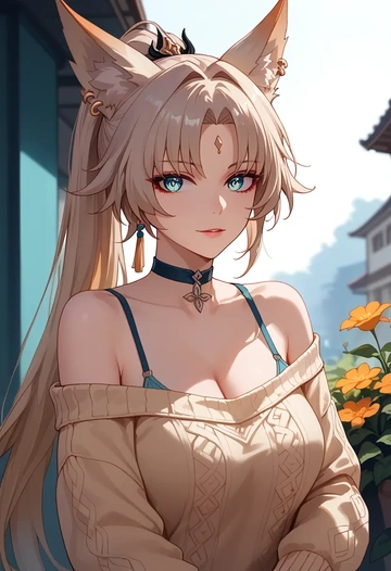 star rail,feixiao,orange,sweater,choker  - AI generated anime art