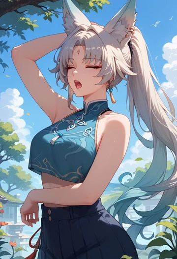 star rail,feixiao,crop top,loose joggers,headset  - AI generated anime art