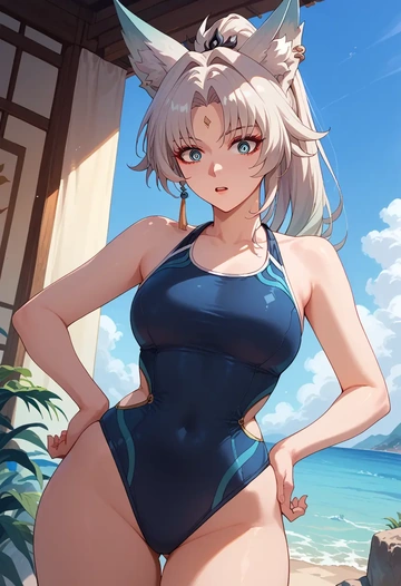 star rail,feixiao,retro style swimsuit,frilled neckline,bow detail  - AI generated anime art