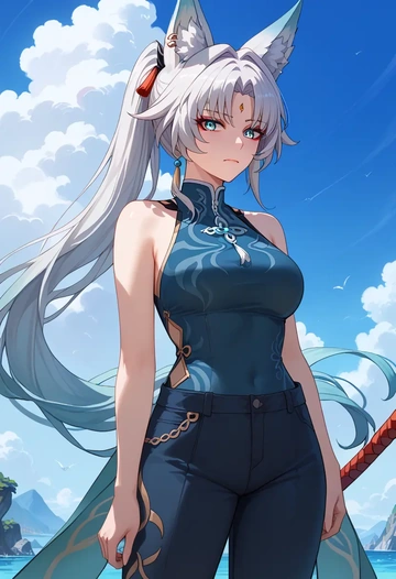 star rail,feixiao,jumpsuit,sleeveless,flare pants  - AI generated anime art