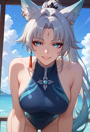 star rail,feixiao,racerback swimsuit,striped trim,name tag patch  - AI generated anime art