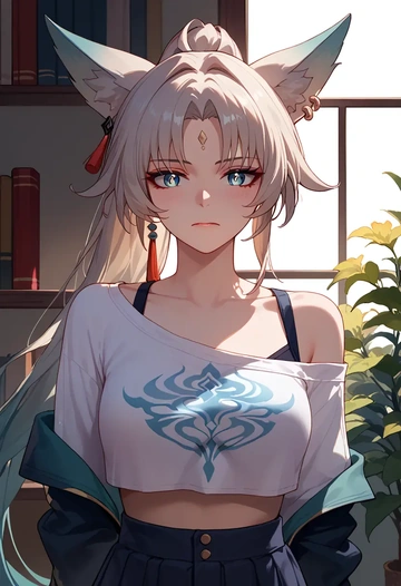 star rail,feixiao,off-shoulder top,dolphin shorts  - AI generated anime art