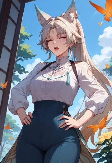 star rail,feixiao,pants,wide-leg,strappy top  - AI generated anime art