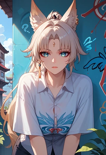 star rail,feixiao,oversized graffiti shirt,dolphin shorts  - AI generated anime art