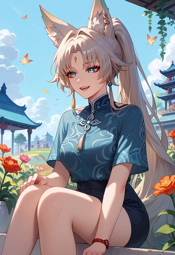 star rail,feixiao,silk graffiti shirt,dolphin shorts  - AI generated anime art