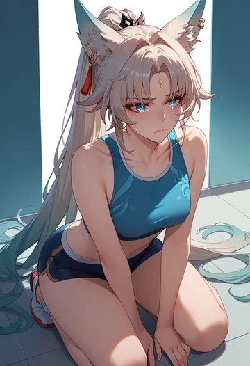 star rail,feixiao,tankini top,board shorts  - AI generated anime art