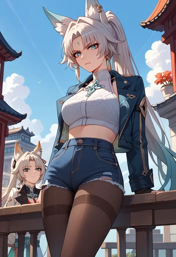 star rail,feixiao,denim jacket,cropped,leather leggings  - AI generated anime art