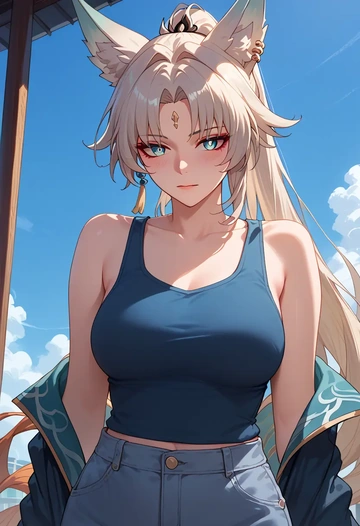 star rail,feixiao,tank top,mesh,cycling shorts  - AI generated anime art