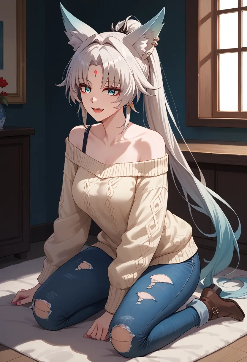 star rail,feixiao,sweater,off-shoulder,ripped jeans  - 