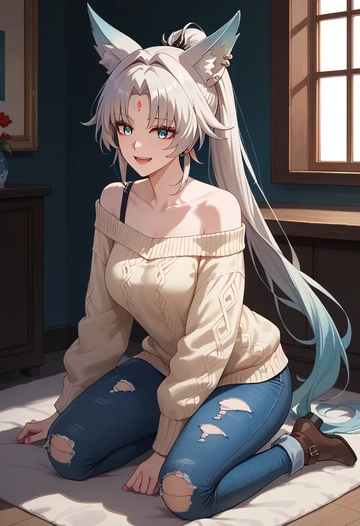 star rail,feixiao,sweater,off-shoulder,ripped jeans  - AI generated anime art