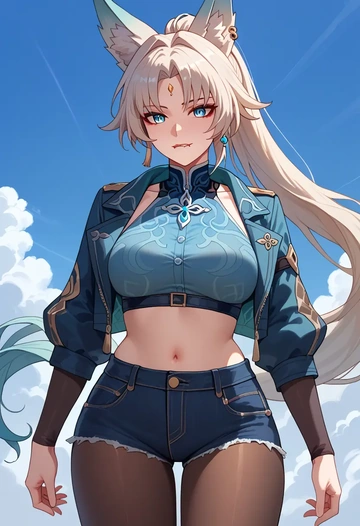 star rail,feixiao,denim jacket,cropped,leather leggings  - AI generated anime art