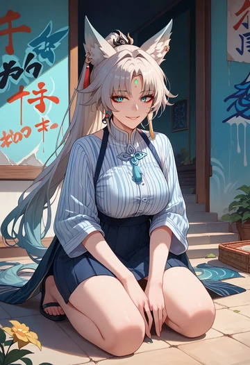 star rail,feixiao,striped graffiti blouse,dolphin shorts  - AI generated anime art