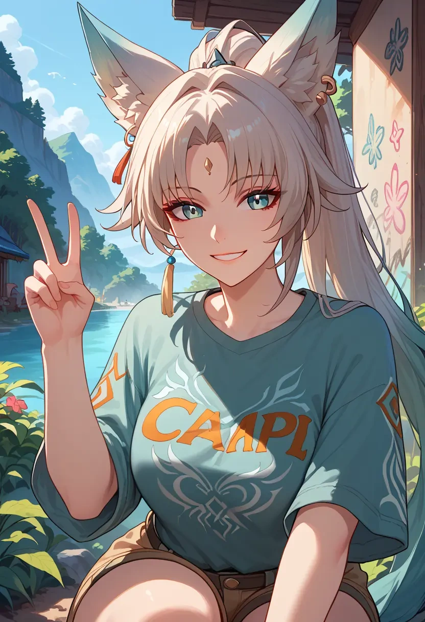 star rail,feixiao,oversized graffiti shirt,dolphin shorts  - 