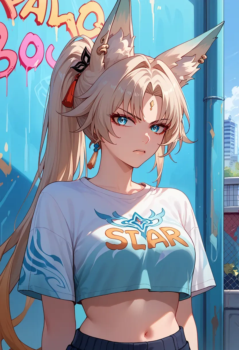 star rail,feixiao,cropped graffiti sweatshirt,dolphin shorts  - 