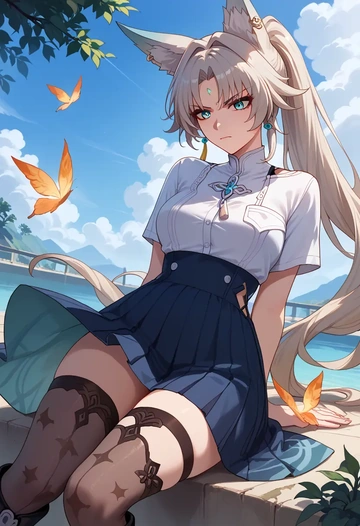 star rail,feixiao,shirt dress,belted,stockings  - AI generated anime art