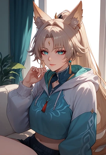 star rail,feixiao,crop hoodie,shorts  - AI generated anime art