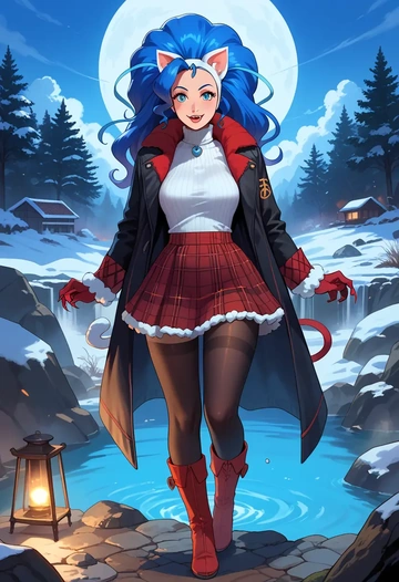 vampire_(game),felicia_(vampire),winter,student uniform,fur-collared jacket  - AI generated anime art