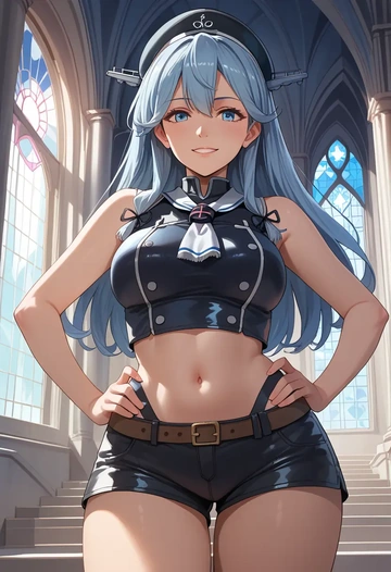 kantai_collection,female_admiral_(kancolle),leather,shorts,crop top  - AI generated anime art