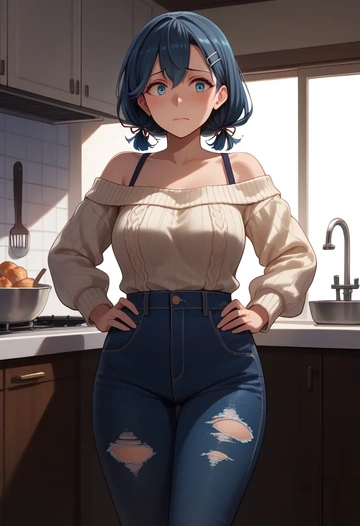 kantai_collection,female_admiral_(kancolle),sweater,off-shoulder,ripped jeans  - AI generated anime art